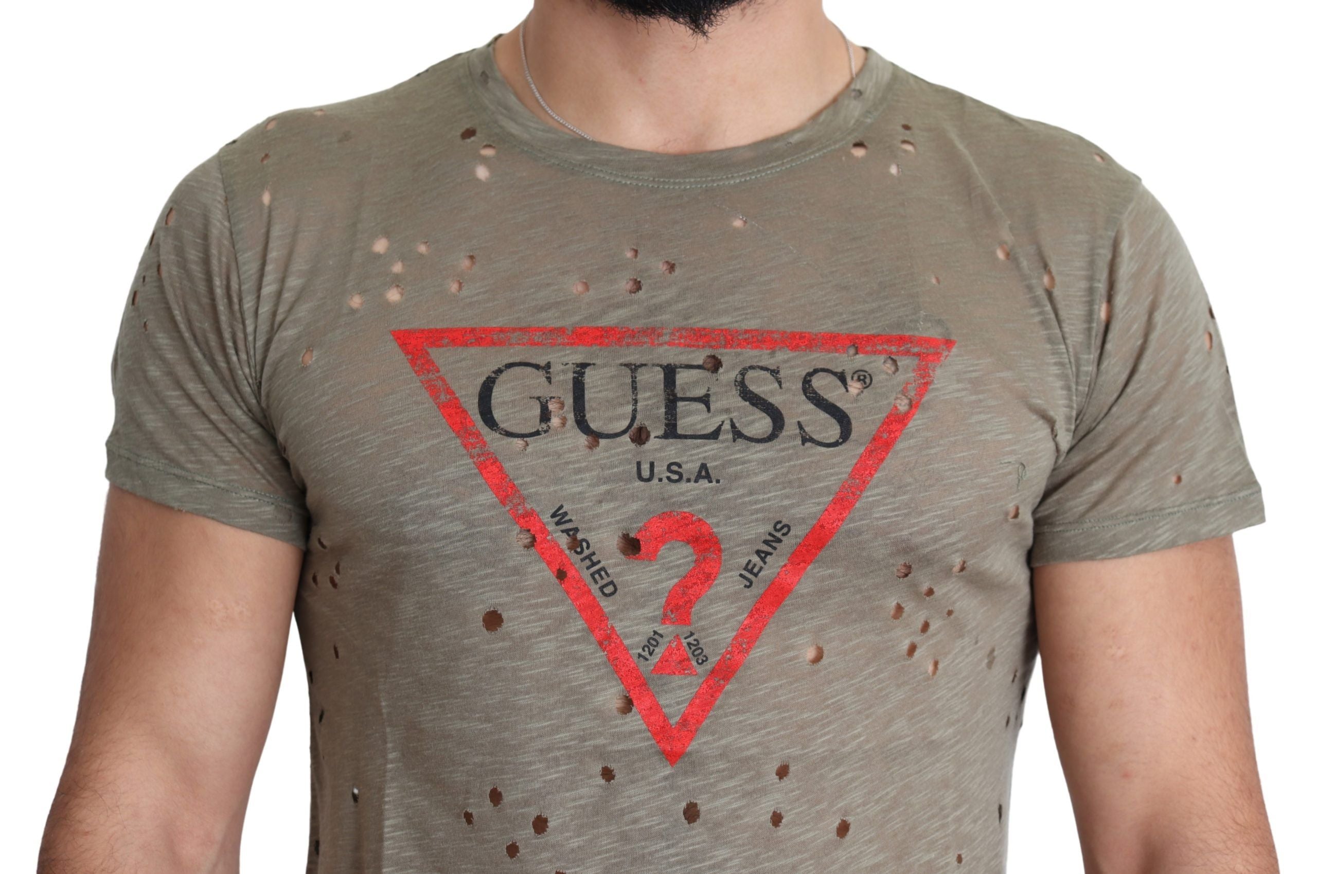 Guess Erkek Kahverengi Pamuklu Streç Tişört Logo Baskılı Günlük Delikli Tişört